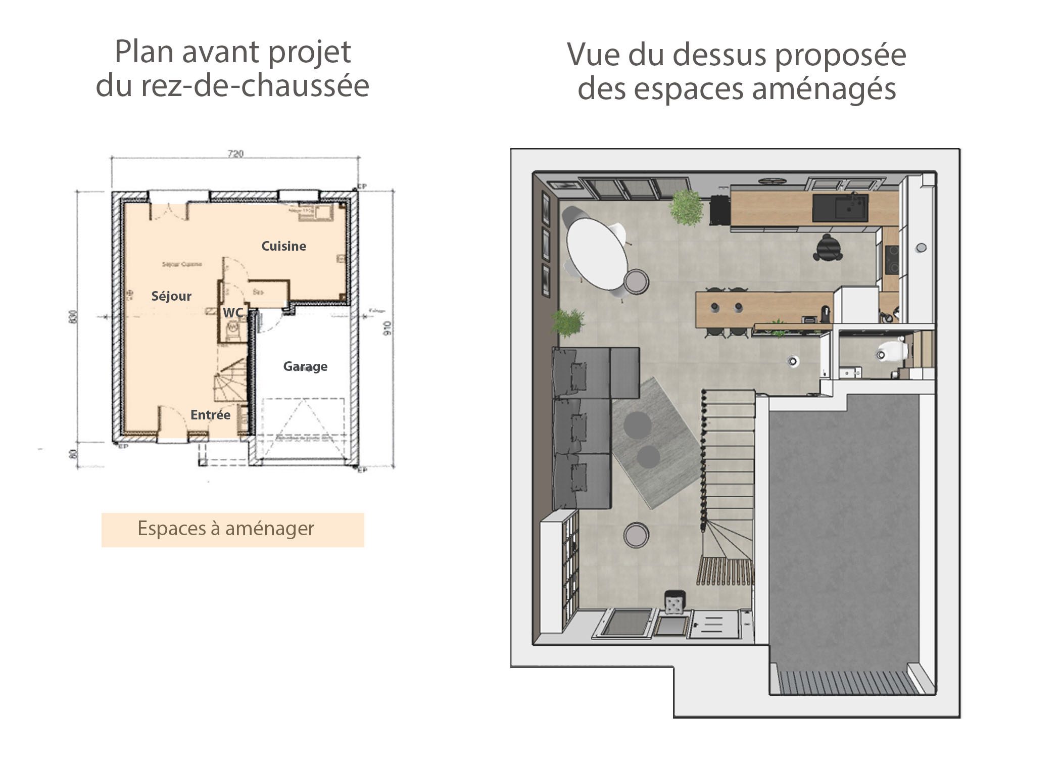amenagement-decoration-espace de vie maison meyreuil-plan et vue du dessus rdc-dekho design