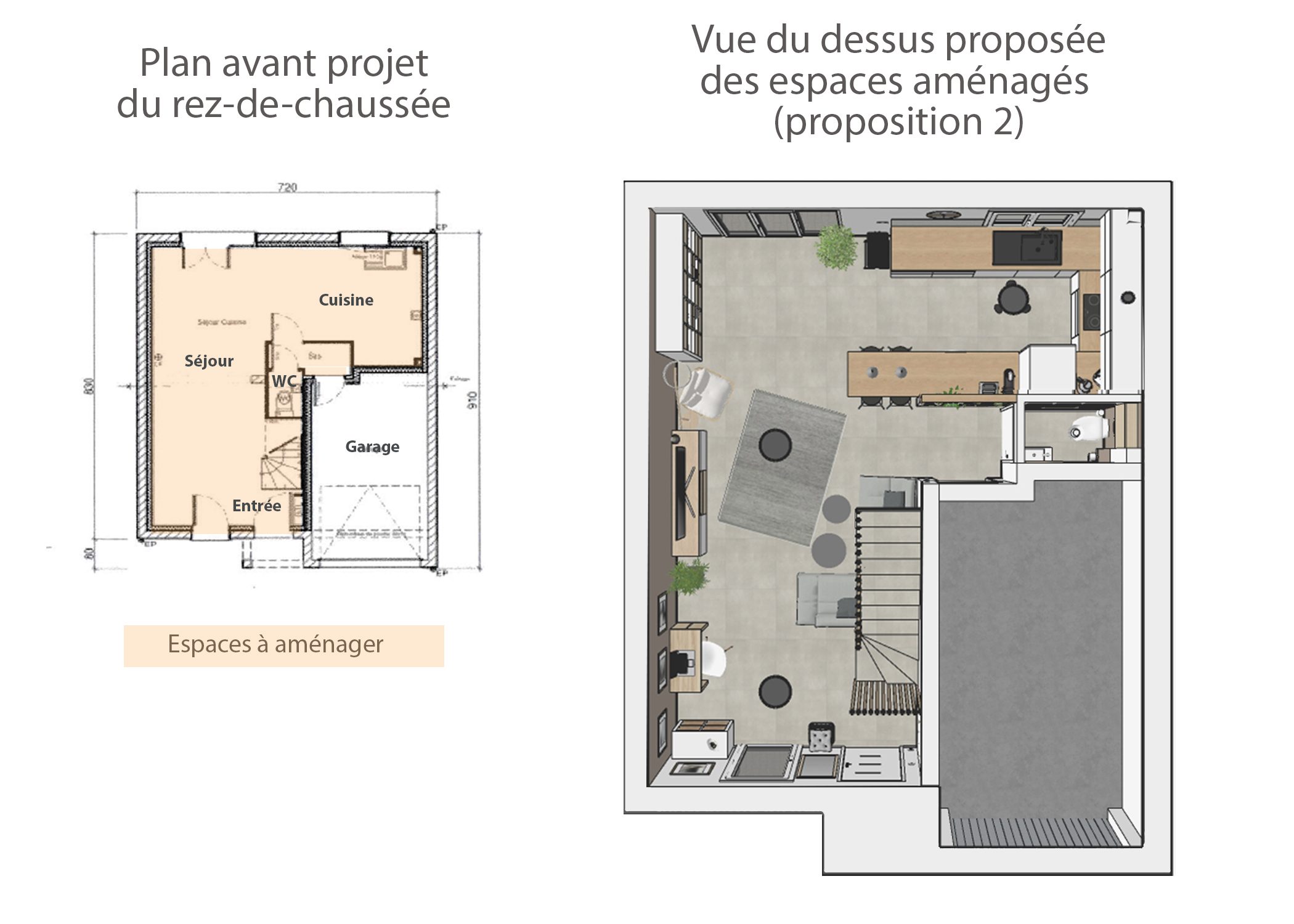 amenagement-decoration-espace de vie maison meyreuil-plan et vue du dessus rdc 2-dekho design