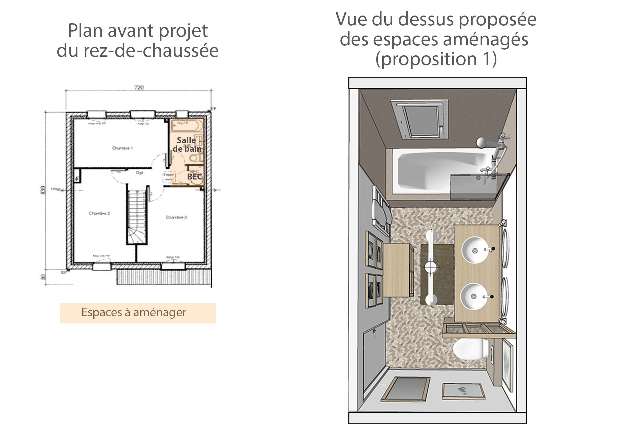 amenagement-decoration-espace de vie maison meyreuil-plan et vue du dessus etage 1-dekho design