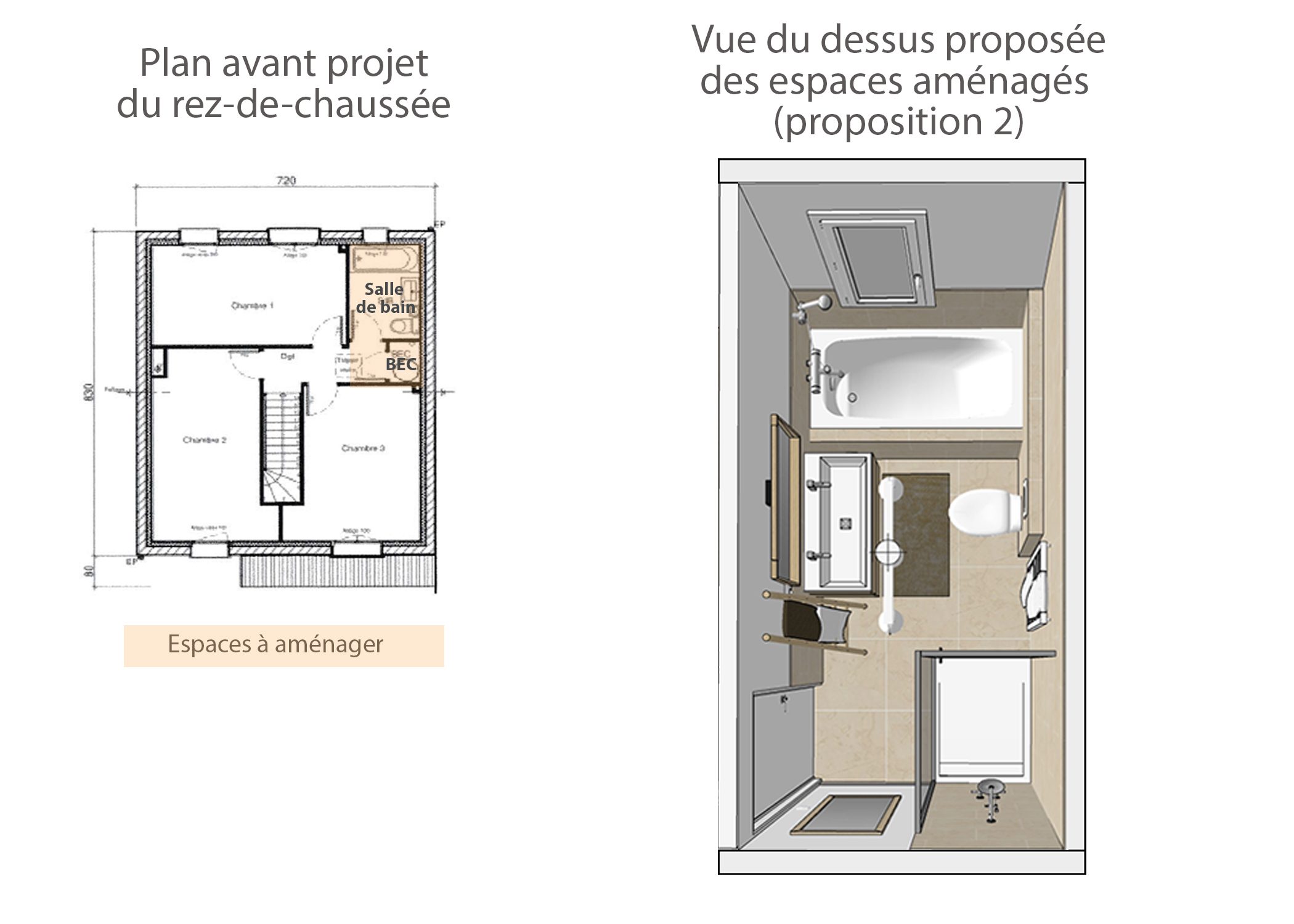 amenagement-decoration-espace de vie maison meyreuil-plan et vue du dessus etage 2-dekho design